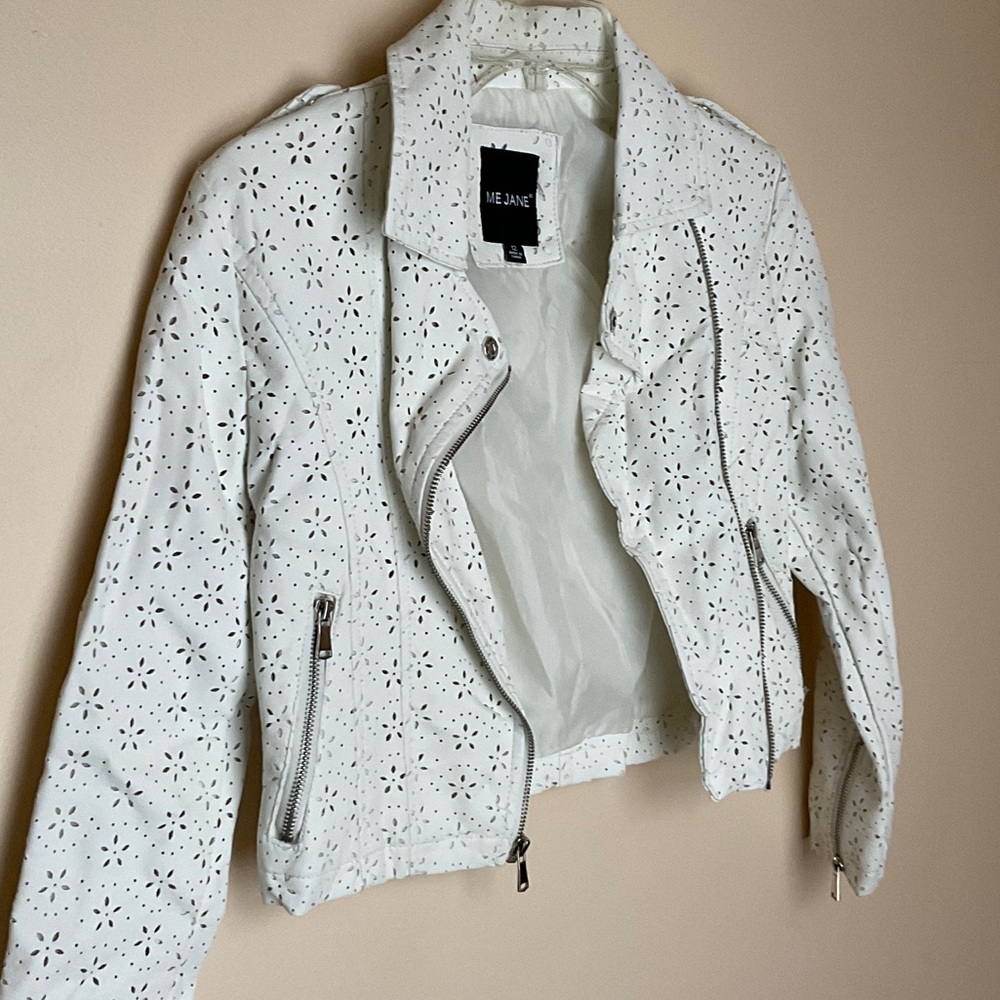 Me Jane White Leather Jacket with Eyelet Design NWOT
